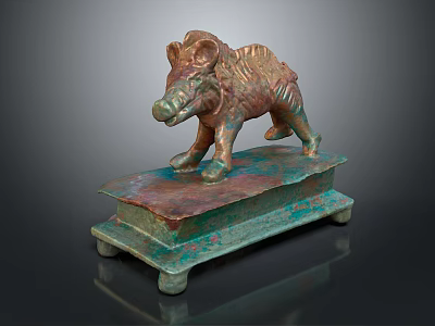 Decorative Bronze Boar Statue With Intricate Details On Greenish Patina Plinth 3d model
