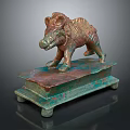 Decorative Bronze Boar Statue With Intricate Details On Greenish Patina Plinth