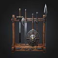 Medieval Weapons Display Rack With Swords Shield And Skull Decoration 3d model