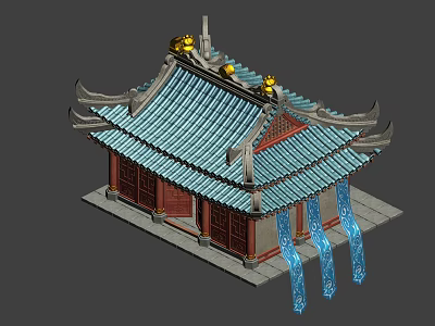 Traditional Ancient Chinese Architecture with Blue Tiled Roof Golden Ornaments Red Doors and Blue Curtains 3d model
