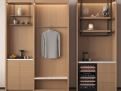 Modern Wooden Wardrobe with Open Shelves Hanging Space and Storage Cabinets 3d model