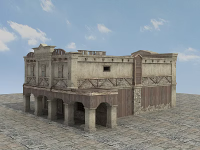 Vintage Western Two Story Building With Stone Walls Wooden Accents Arched Porches And Decorative Roof 3d model