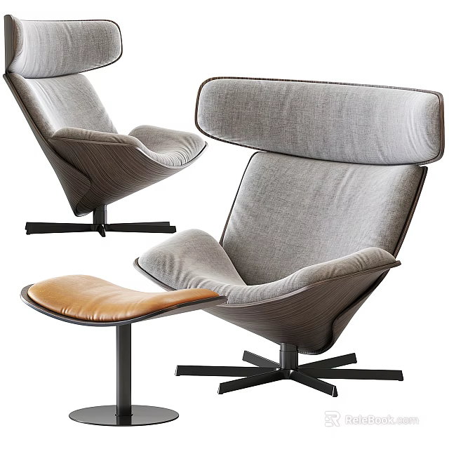 Modern Gray Upholstered Accent Chair With Brown Leather Ottoman And Black Star Base 3d model 
