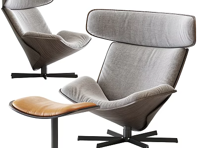 Modern Gray Upholstered Accent Chair With Brown Leather Ottoman And Black Star Base 3d model