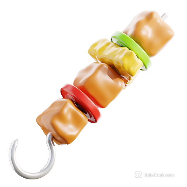 Colorful Grilled Skewer With Assorted Meat And Vegetable Chunks On Metal Stick 3d model 