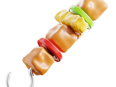 Colorful Grilled Skewer With Assorted Meat And Vegetable Chunks On Metal Stick 3d model