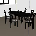 Classic Wooden Dining Table Set with Patterned Fabric Chairs and Fruit Plates 3d model