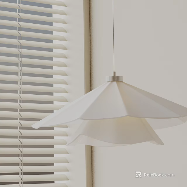 White Layered Pendant Light With Pleated Shade By Window Blinds Interior 3d model 