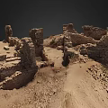 Ancient Historical Ruins Featuring Stone Walls Dirt Ground And Scattered Vegetation