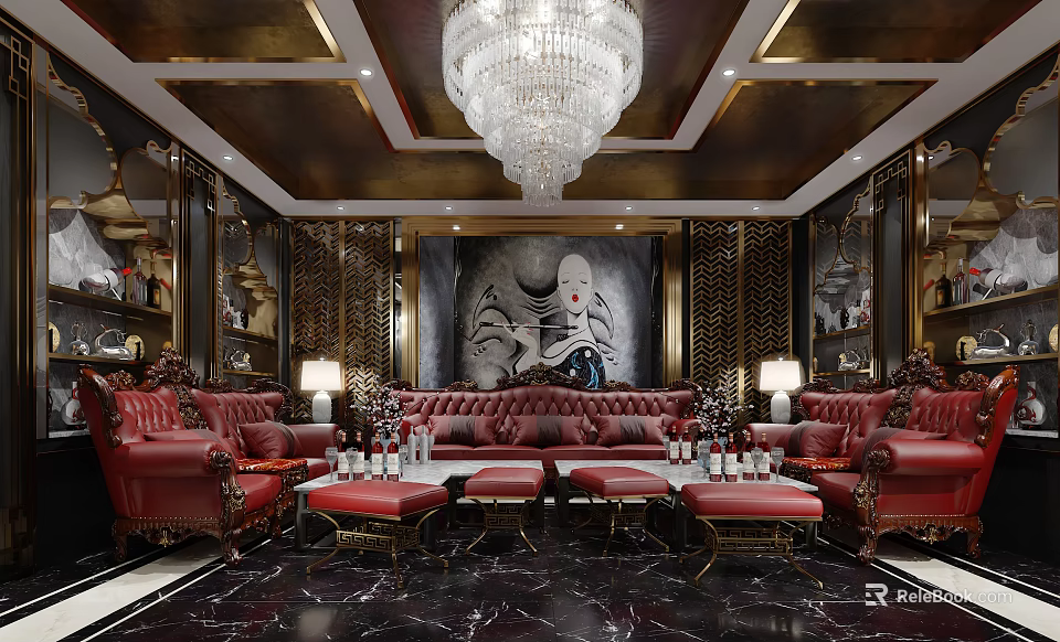 Luxurious KTV Interior Design With Red Leather Sofas Crystal Chandelier And Mural Art 3d model 