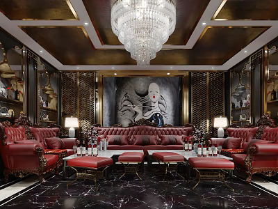 Luxurious KTV Interior Design With Red Leather Sofas Crystal Chandelier And Mural Art 3d model