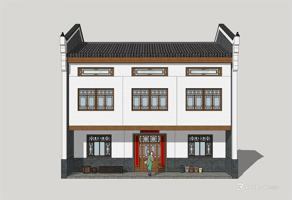 Traditional Chinese Two story Building With White Walls Black Tiles And Red Door Design 3d model 