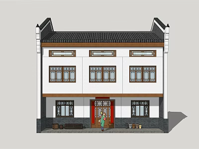 Traditional Chinese Two story Building With White Walls Black Tiles And Red Door Design 3d model