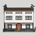 Traditional Chinese Two story Building With White Walls Black Tiles And Red Door Design