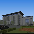 Modern Office Building Exterior Featuring Vertical Lines Large Glass Windows And Landscaped Garden