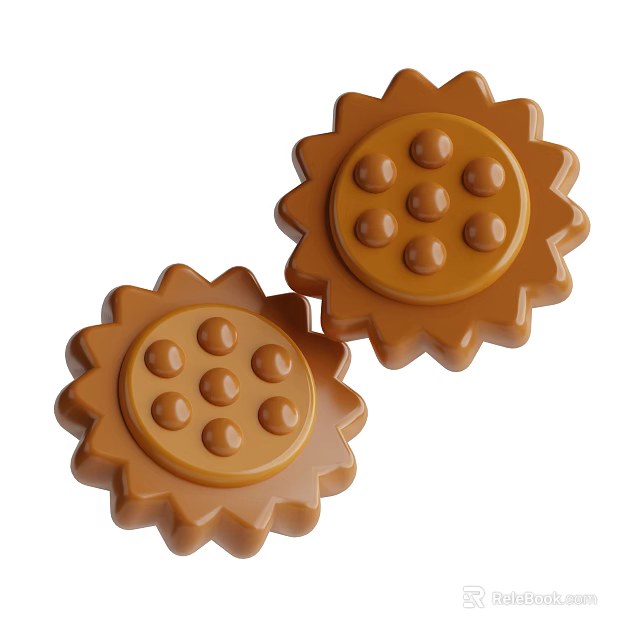 Two Delicious Brown Flower Shaped Biscuit With Round Raised Dots Center 3d model 