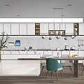 Modern Kitchen Interior With Island Counter White Cabinets Dining Table And Teal Chairs 3d model