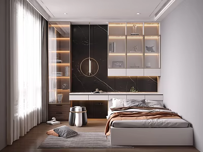 Modern Kids Room Interior Design With Cozy Bed Soft Curtains And Storage Cabinets 3d model