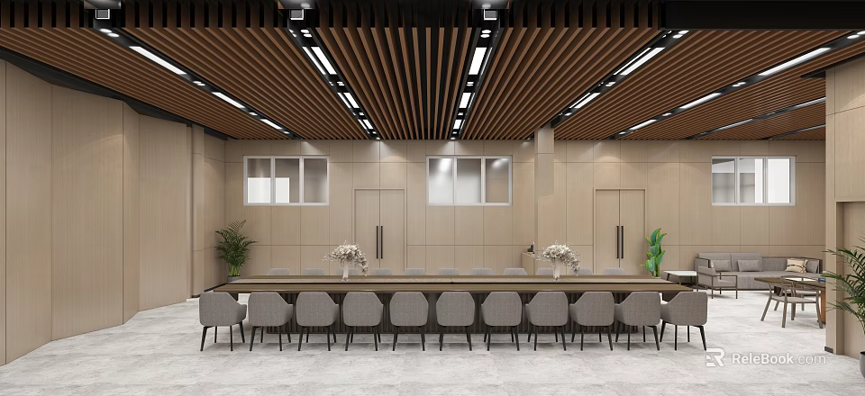 Modern Restaurant Interior Featuring Long Dining Table Chairs And Wooden Ceiling Plants 3d model 