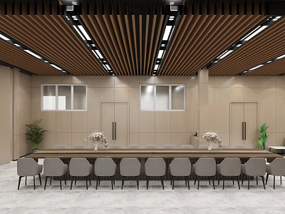 Modern Restaurant Interior Featuring Long Dining Table Chairs And Wooden Ceiling Plants 3d model
