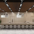 Modern Restaurant Interior Featuring Long Dining Table Chairs And Wooden Ceiling Plants