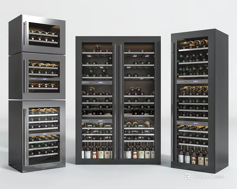 Modern Black Wine Cabinet Design With Multi tiered Shelves And Stored Wine Bottles 3d model 