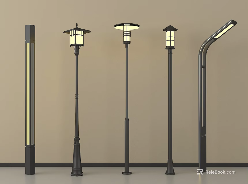 Various Outdoor Lights With Different Pole Designs And Lampshades For Garden 3d model 
