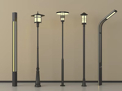 Various Outdoor Lights With Different Pole Designs And Lampshades For Garden 3d model
