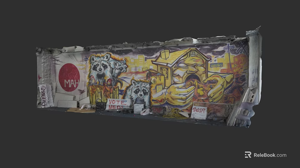 Cultural Art Exhibition Hall Showcasing Vibrant Street Graffiti Art With Animal Figures And Houses 3d model 
