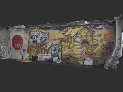 Cultural Art Exhibition Hall Showcasing Vibrant Street Graffiti Art With Animal Figures And Houses 3d model