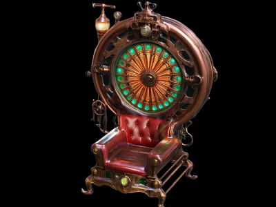 Steampunk Single Sofa Featuring Brass Frame Red Leather Seat Green Gem Accents And Mechanical Details 3d model