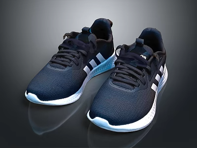 Navy Blue Lace Up Sports Shoes With White Stripes And Lightweight Cushioned Sole 3d model