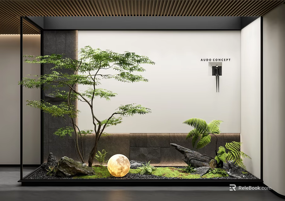 Indoor Landscape With Green Tree Moss Stones White Wall Plants And Glowing Spherical Lamp 3d model 