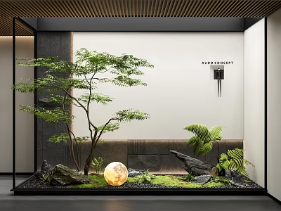 Indoor Landscape With Green Tree Moss Stones White Wall Plants And Glowing Spherical Lamp 3d model