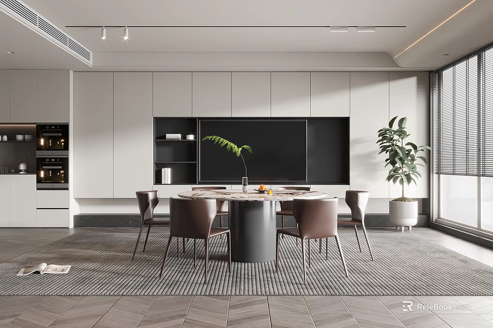 Modern Restaurant Interior Design With Open Layout Dining Table Chairs And Green Plants 3d model