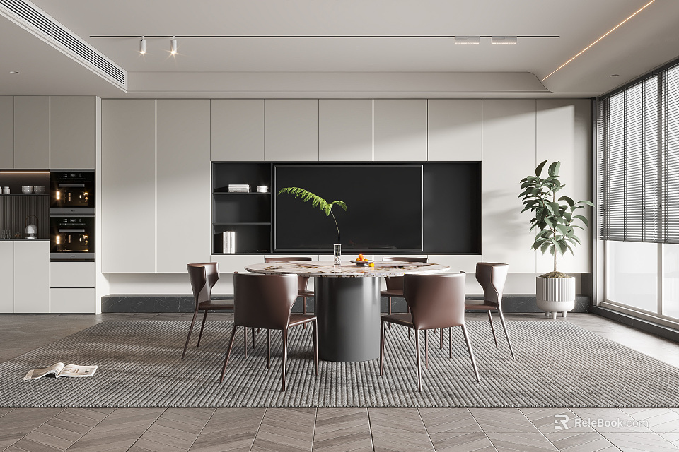 Modern Restaurant Interior Design With Open Layout Dining Table Chairs And Green Plants 3d model 