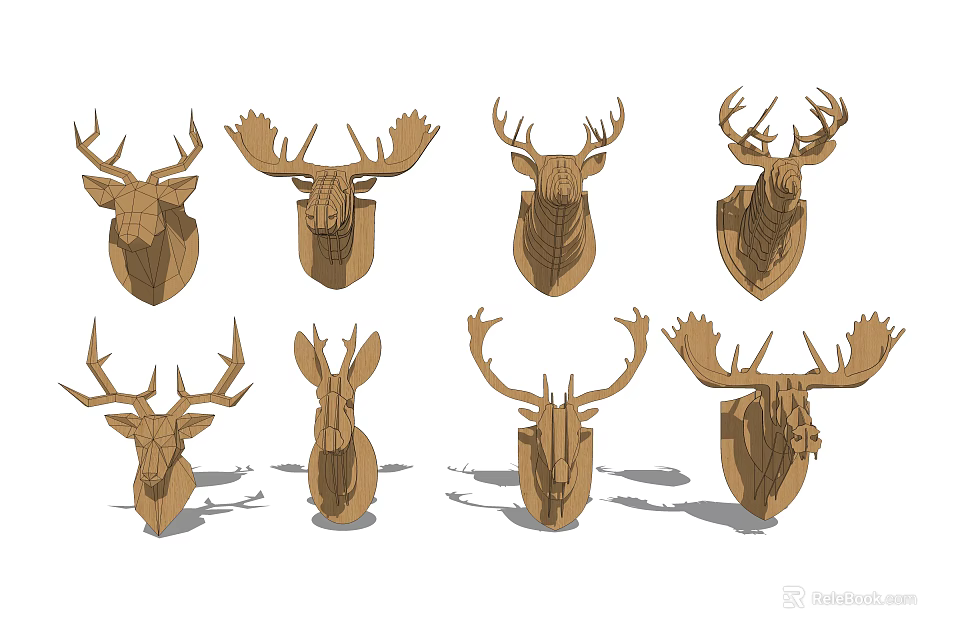 Wooden Deer Head Wall Decor With Various Antler Designs For Home Interior 3d model 