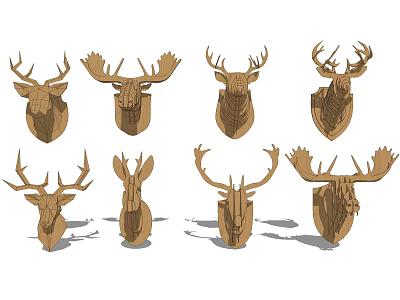 Wooden Deer Head Wall Decor With Various Antler Designs For Home Interior 3d model