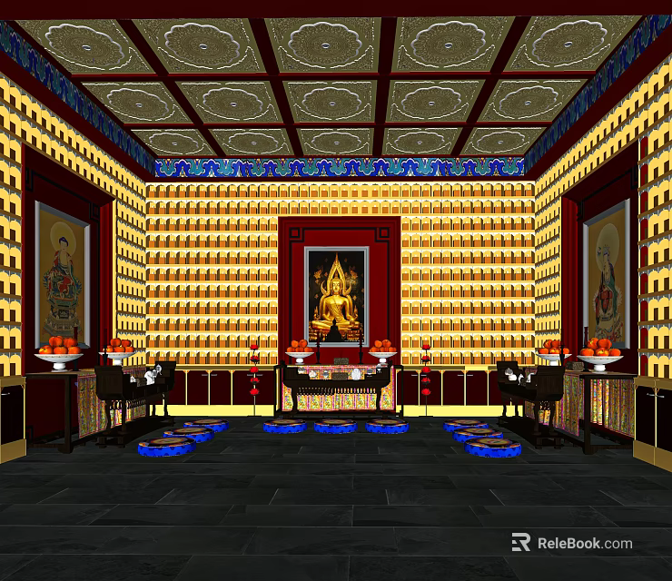 Buddhist Worship Hall Interior With Buddha Statue Scripture Shelves And Offering Table 3d model 
