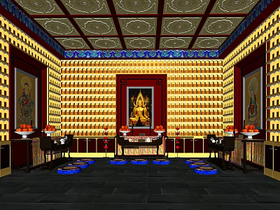 Buddhist Worship Hall Interior With Buddha Statue Scripture Shelves And Offering Table 3d model
