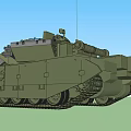 Military Tank with Long Cannon Turret Tracks and Antenna on Green Field