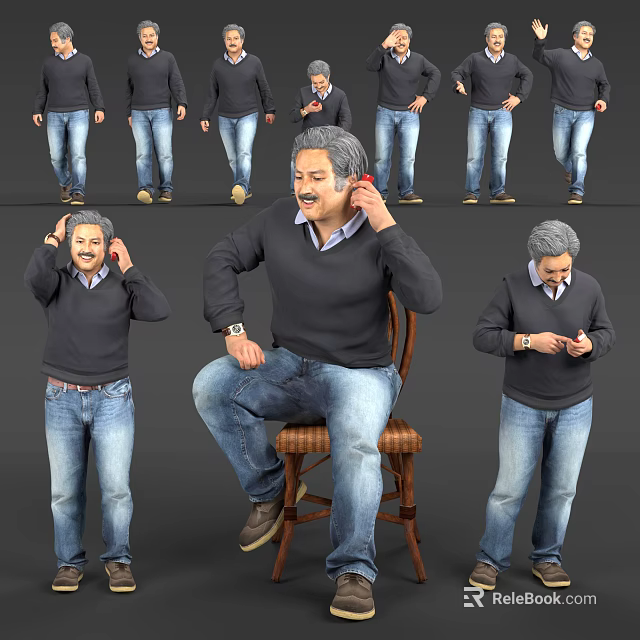 Men In Dark Sweater Blue Jeans Various Poses Checking Watch Looking At Phone Adjusting Hair 3d model 