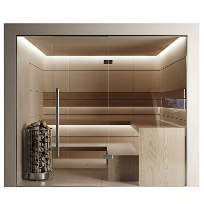 Sauna Interior Design With Glass Door Wooden Wall Panels Bench And Logs Basket 3d model
