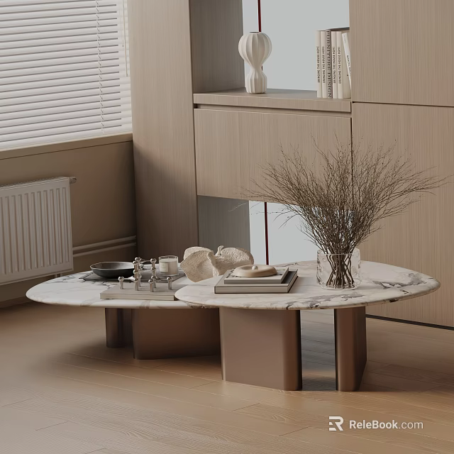 Modern Sofa and Coffee Table Set with Marble Top Decorative Vase and Wooden Storage Cabinets 3d model 