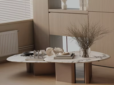 Modern Sofa and Coffee Table Set with Marble Top Decorative Vase and Wooden Storage Cabinets 3d model