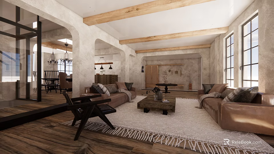 Rustic Living Dining Room Interior With Wooden Beams Brown Sofas And Fringed Rug 3d model 