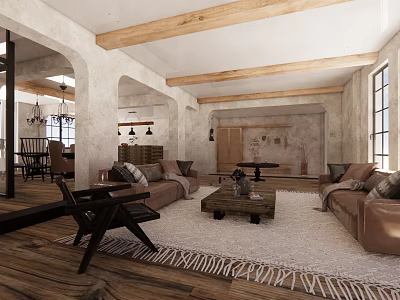 Rustic Living Dining Room Interior With Wooden Beams Brown Sofas And Fringed Rug 3d model