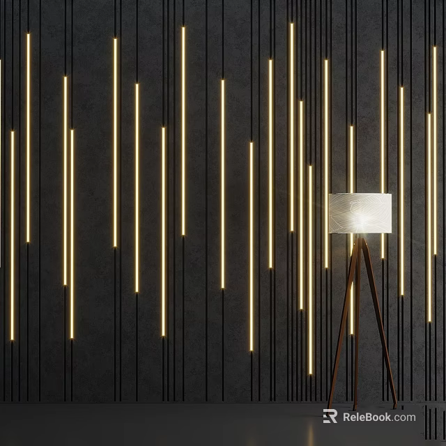 Wall Decor with Vertical Yellow Slim Light Strips on Black Wall and Brown Tripod Lamp 3d model 