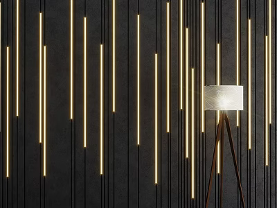 Wall Decor with Vertical Yellow Slim Light Strips on Black Wall and Brown Tripod Lamp 3d model