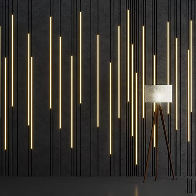 Wall Decor with Vertical Yellow Slim Light Strips on Black Wall and Brown Tripod Lamp 3d model